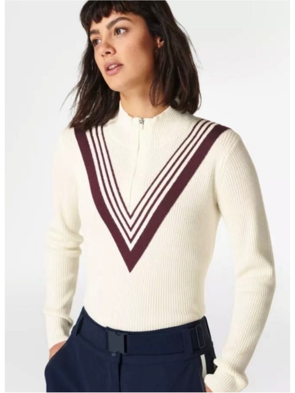 Sweaty Betty Merino Wool Mid-Layer 1/4 Zip Ribbed Sweater Size 4-6 Cream Maroon